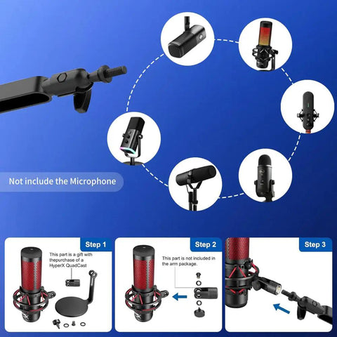Badass Low Profile Microphone Boom Arm Stand For Gaming Streaming Podcasting With Smooth Swivel And Anti Vibration Cushion Mount shown with compatible parts.