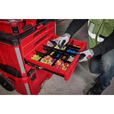 Open drawer of Beefed Up 4 Drawer Modular Tool Box With Impact Resistant Body Metal Reinforced Corners Ball Bearing Drawers Internal Org...