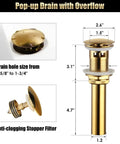 Polished Gold 3 Hole Bathroom Faucet Set With Overflow Pop Up Drain Easy Install Widespread Brass Two Handle Bath Tub Faucet For Restroom Sink No Drip Ceramic Valve pop-up drain diagram with dimensions and anti-clogging stopper filter.