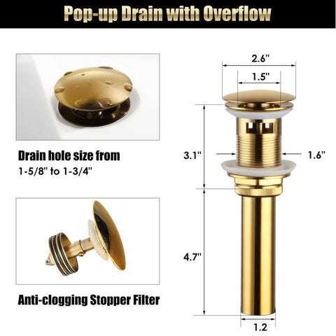 Polished Gold 3 Hole Bathroom Faucet Set With Overflow Pop Up Drain Easy Install Widespread Brass Two Handle Bath Tub Faucet For Restroom Sink No Drip Ceramic Valve pop-up drain diagram with dimensions and anti-clogging stopper filter.