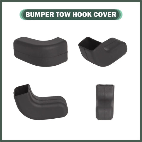 Front Bumper Tow Hook Covers For Jeep Wrangler JK JL And Gladiator JT shown from various angles, made of black silicone rubber
