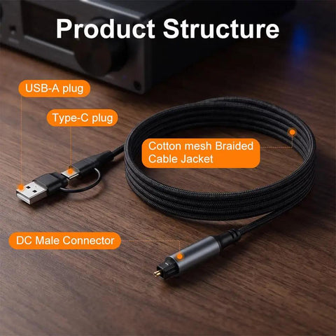 USB A And Usb Type C To Optical Fiber Audio Cable Converter Plug And Go Toslink Digital Sound Adaptor with braided cable jacket.