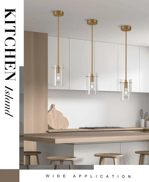 FONTA VERDE Pendant Light, Brushed Gold Pendant Light for Kitchen Island, height-adjustable with clear glass shades.