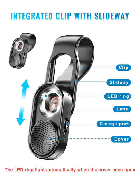 100x Phone Micro Lens With LED Light For Smartphone Macro And Microscope Go To Pro Grade Optical Glass Lens For Clear Close Up Shots And Microscale Imaging On The Go integrated clip with slideway, LED ring, charge port