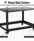 4 inch heavy duty casters on Heavy Duty Rolling Tool Stand With Swivel Casters And Tough Melamine Wood Worktop for stability.