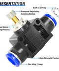 Inline Pneumatic Air Flow Control Valve With Push To Connect Fittings, copper nickel plating, high strength plastics, 6mm tube OD union.