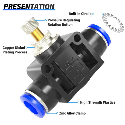 Inline Pneumatic Air Flow Control Valve With Push To Connect Fittings, copper nickel plating, high strength plastics, 6mm tube OD union.