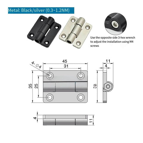 Ball Bearing Door Hinges Heavy Duty 2 Pack With Free Stop Positioning, showing dimensions, black and silver hinges, 45x35mm