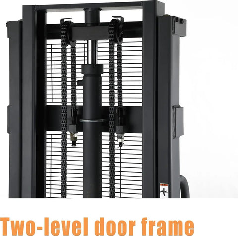 Top Tier Apollo Semi Electric Stacker Pallet Jack With 3300 Lb Capacity And 98 Inch Lift Height close-up of two-level door frame detail.