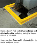 Make-A-Berm Fuel Spill Containment Curbs Kit, 15 Feet Long And 1.5 Inches High Straight Sections in yellow PVC on floor with oil spill.