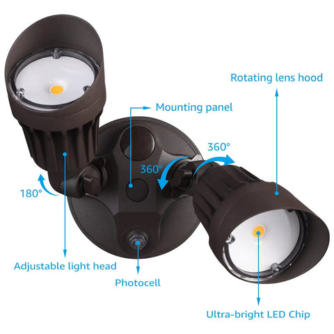 Adjustable Dual Head Dusk To Dawn Outdoor Security Light With Photocell, 20W LED 150W Equivalent, bronze aluminum housing