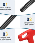 Image of the Dual End T27 Torx Key Wrench T Handle Set showing features: short shaft for shallow screws, long shaft for deep screws, hanging hole.