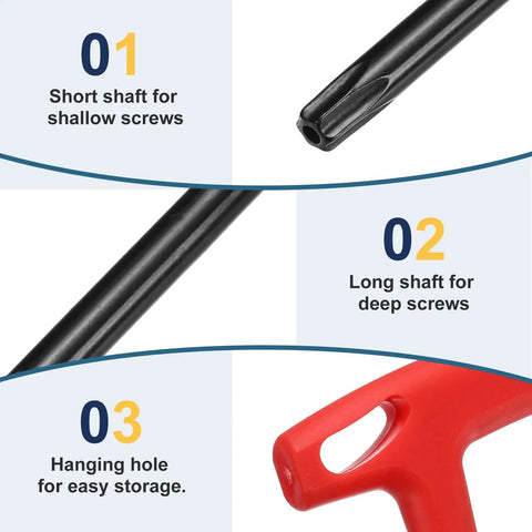 Image of the Dual End T27 Torx Key Wrench T Handle Set showing features: short shaft for shallow screws, long shaft for deep screws, hanging hole.