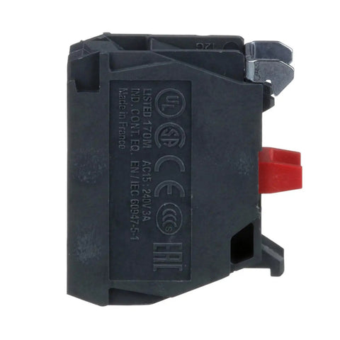 Side view of Harmony XB4 Single Contact Block For Industrial Machines And Control Panels 1NC Screw Clamp Terminal in black casing