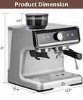 Top Shelf Espresso Machine With Integrated Grinder And Effortless Milk Frother Pro Level Coffee Maker dimensions showing height, width, and depth.