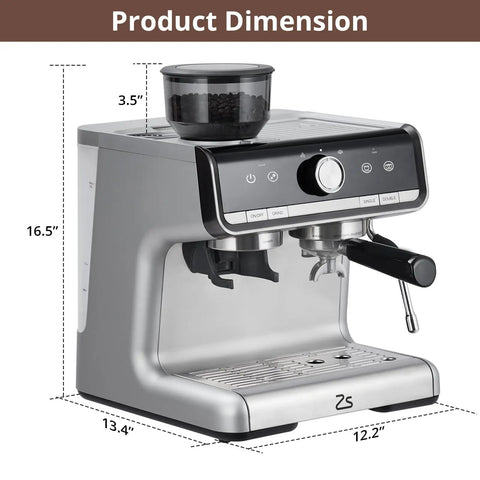 Top Shelf Espresso Machine With Integrated Grinder And Effortless Milk Frother Pro Level Coffee Maker dimensions showing height, width, and depth.