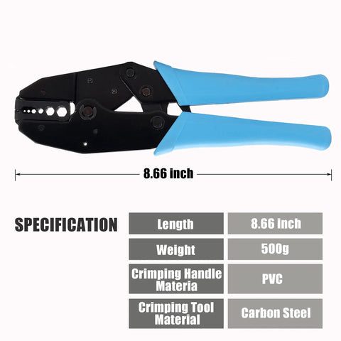 Heavy duty ratchet crimp tool with blue PVC handles, product length 8.66 inch, part of BNC Coax Connector Crimp Kit With RG58 RG59