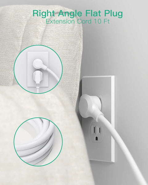 Beefy 12-Device Power Strip With 10Ft Cord Flat Plug in wall outlet, showing right-angle design beside a couch.