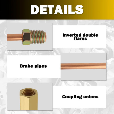 3 By 16 Inch Flexible Rear Brake Line Kit details showing inverted double flares, brake pipes, and coupling unions.
