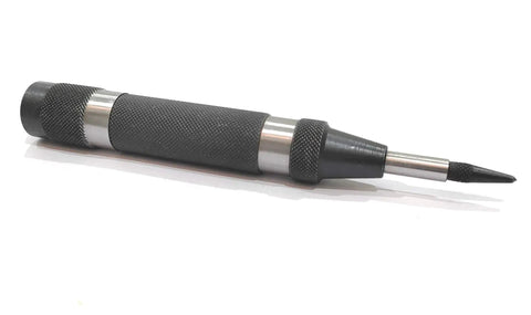 Heavy Duty Automatic Center Punch With Replaceable Hardened Steel Tip, spring loaded, precision tool for metalworking, 4.8in length.