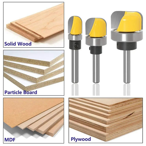 Three Piece 1/4 Inch Shank Bowl And Tray Template Router Bit Set With Ball Bearing For Dish Carving And Woodworking on various woods