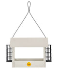 Medium Hopper Bird Feeder With Dual Suet Cages Easy Fill Hinged Roof Weather Resistant Metal Mesh positioned for backyard use.