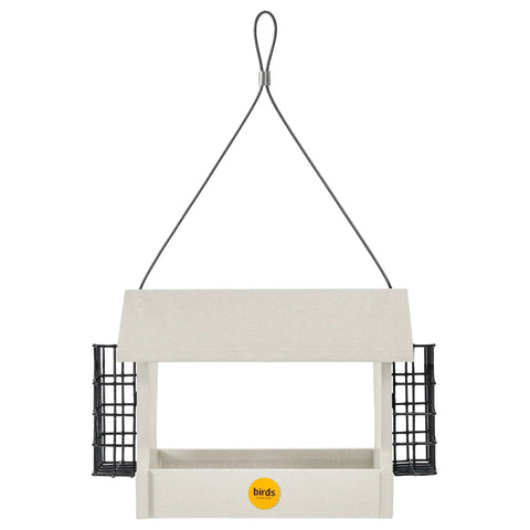 Medium Hopper Bird Feeder With Dual Suet Cages Easy Fill Hinged Roof Weather Resistant Metal Mesh positioned for backyard use.