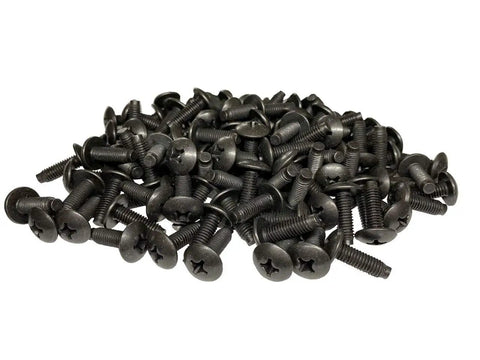 Tough As Nails M6 Rack Screws 100 Pack USA Made Black Oxide Finish with wax coated Phillips truss head screws in bulk.