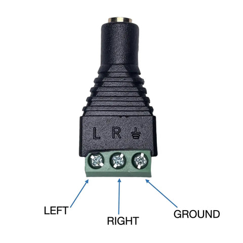 No Sweat Three Point Five Millimeter Stereo Jack To Screw Terminal Adapter for quick wiring with labeled connections