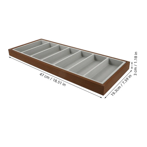 Rustic Walnut Wood Seven Grid Sunglasses Storage Tray With Cozy Gray Velvet Padding To Keep Your Specs Fresh And Bring Some Dope Vibes To Your Daily Counter Setup, side view with dimensions.