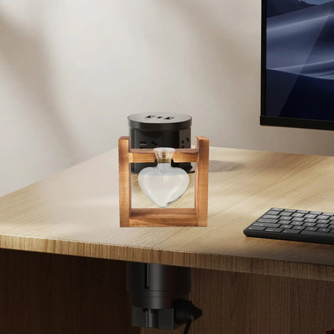 Dope Wooden Frame Hydroponic Vase With Vintage Bulb Propagation Station on office desk near computer