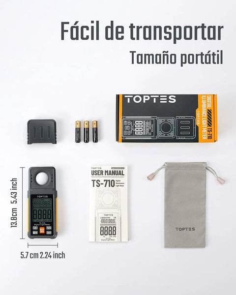 180 Degree Rotating Sensor Light Meter With Lux And Foot Candle Readings, Range 0.1 To 200000 Lux, Big Backlit 2.25 Inch LCD, Quick 0.5s Sampling, Perfect For Plant Lighting, Car Headlights, And Home Or Office LEDs. TS-710 kit with batteries, manual, pouch, and compact meter