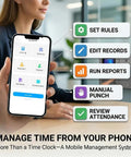 Boss Approved App Synced Fingerprint Time Clock With Lightning Fast Five Second Pairing, showing mobile management features.
