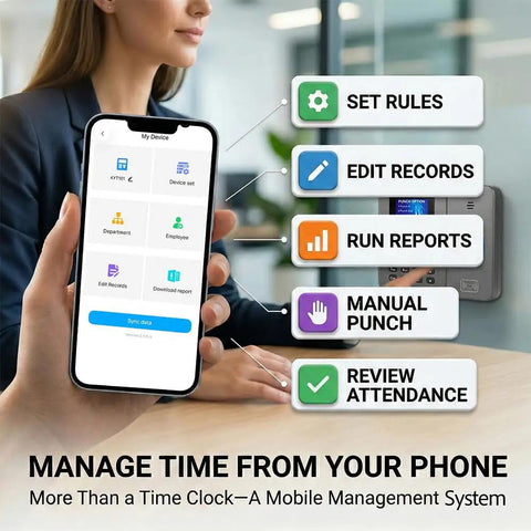 Boss Approved App Synced Fingerprint Time Clock With Lightning Fast Five Second Pairing, showing mobile management features.