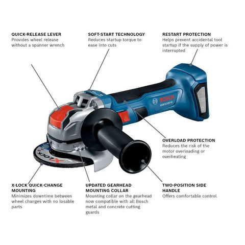 18V Brushless X-Lock 4-1/2 In Angle Grinder Bare Tool With Slide Switch and ergonomic grip, detailed features labeled