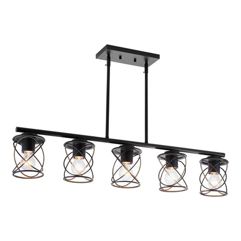Five Light UL Certified Farmhouse Linear Pendant Light In Black Metal Adjustable Kitchen Island Fixture