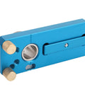 Blue aluminum hole punch guide with brass knurled knobs for 20, 30, 40 series rails