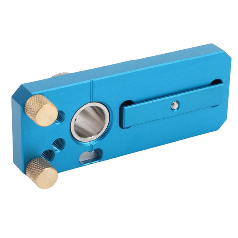 Blue aluminum hole punch guide with brass knurled knobs for 20, 30, 40 series rails