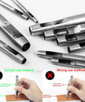 7 Piece Hollow Punch Set With Round Holes From 0.5mm To 5mm For Leather Craft Watch Bands And More, showing correct and incorrect use methods