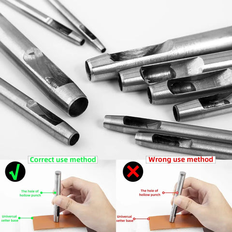 7 Piece Hollow Punch Set With Round Holes From 0.5mm To 5mm For Leather Craft Watch Bands And More, showing correct and incorrect use methods