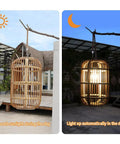 Large Outdoor Solar Lantern With Rattan And Bamboo Build Dope Glow For Garden Patio And Yard Waterproof Hanging Lantern With Handle And Edison Bulb Openwork Design For Tabletop Decoration shown absorbing sunlight by day and glowing at night