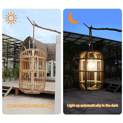 Large Outdoor Solar Lantern With Rattan And Bamboo Build Dope Glow For Garden Patio And Yard Waterproof Hanging Lantern With Handle And Edison Bulb Openwork Design For Tabletop Decoration shown absorbing sunlight by day and glowing at night