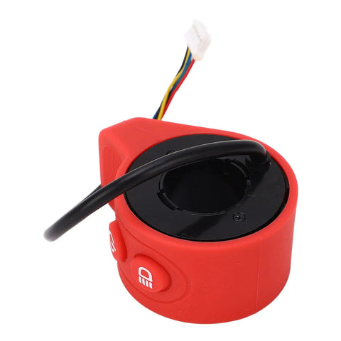 Red Thumb Throttle Accelerator for Electric Scooters with ABS and Gel, featuring convex stripes for smooth, instant acceleration.