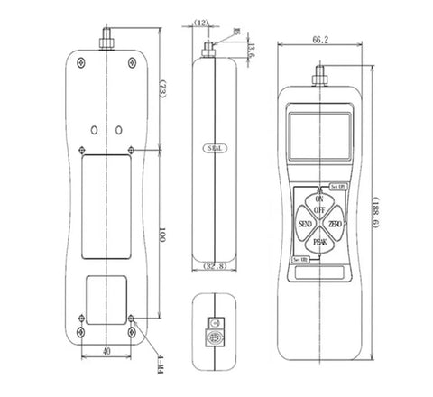 Push Pull Force Tester Digital Dynamometer for Tension and Pressure Handheld Portable Force Meter, front view dimension drawing