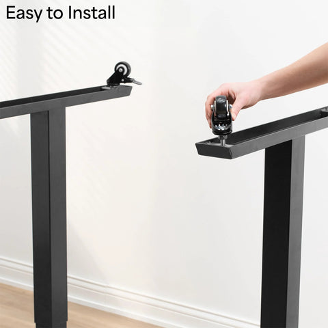 VIVO 2in M10 locking casters, black, with brakes, being installed on a metal desk frame (pair)