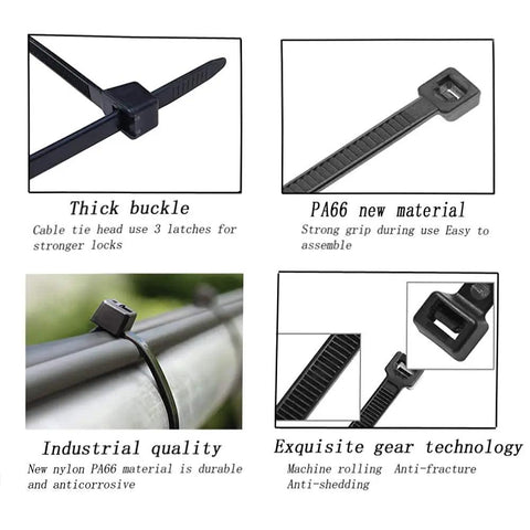 Heavy Duty Black Nylon Zip Ties 16 Inch 60 Lb Tensile 100 Pack Industrial Grade With Three Latch Lock System features and details