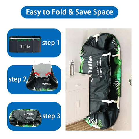 Portable Folding Japanese Soaking Tub For Adults With Cover showing three folding steps, freestanding home spa bath, large green tub design.