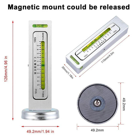 Adjustable Magnetic Camber Gauge Tool For Vehicle Suspension And Wheel Alignment showing size and magnetic mount
