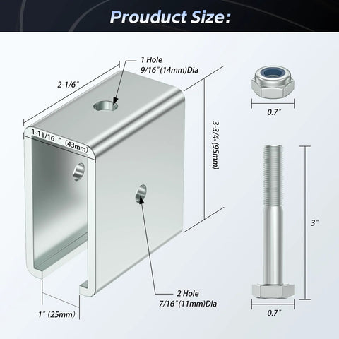 Diagram of strut channel connector extend bracket with measurements, showing bolt and nut for easy installation in industrial racks.