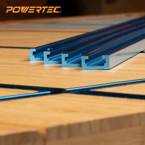 Double Cut Profile Universal T Track Kit With Bi Directional Short Stops Four 48 Inch T Tracks And Four Stop Blocks For Woodworking Jigs And Fixtures Sanding And Routing Pro Grade Easy Install, blue aluminum T-track on wood bench